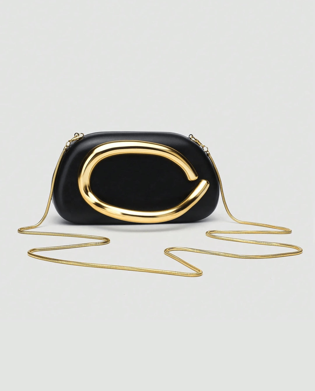 SOLACEBlack Faux Leather Curved Gold Metal Frame Snake Chain Crossbody Clutch Bag