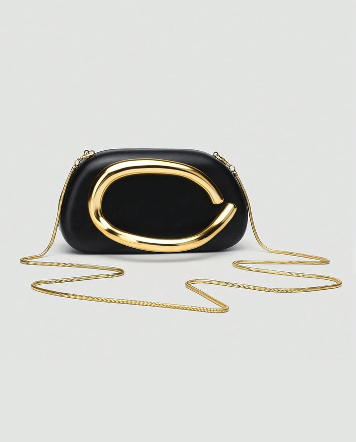 SOLACEBlack Faux Leather Curved Gold Metal Frame Snake Chain Crossbody Clutch Bag