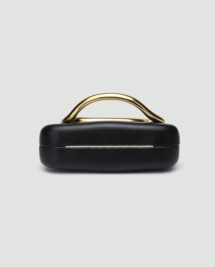 SOLACEBlack Faux Leather Curved Gold Metal Frame Snake Chain Crossbody Clutch Bag