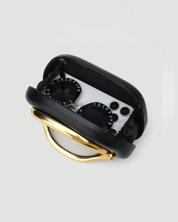 SOLACEBlack Faux Leather Curved Gold Metal Frame Snake Chain Crossbody Clutch Bag