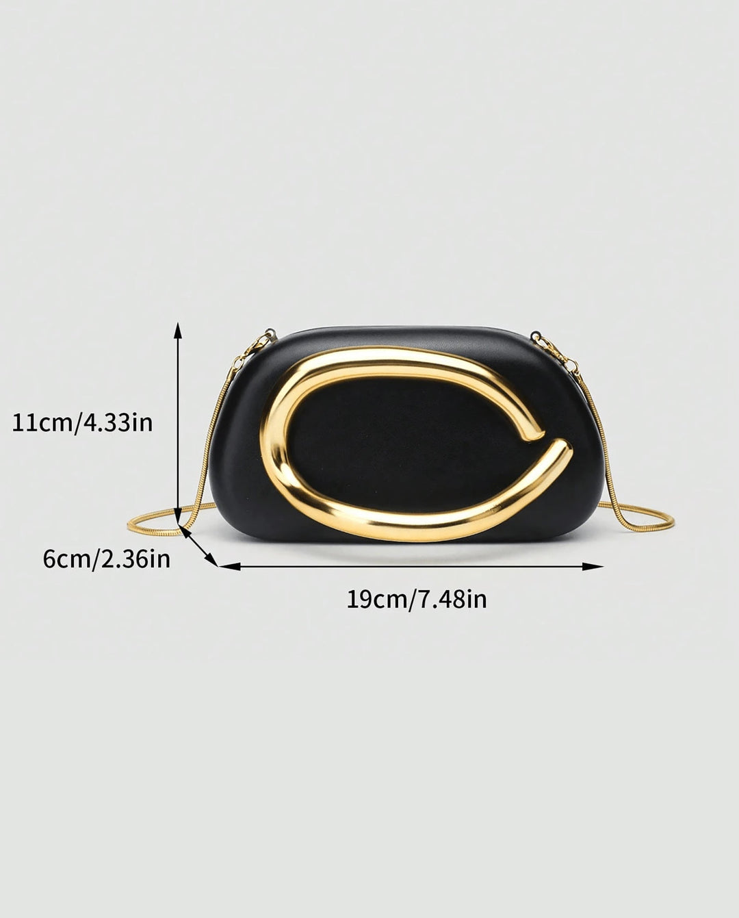 SOLACEBlack Faux Leather Curved Gold Metal Frame Snake Chain Crossbody Clutch Bag