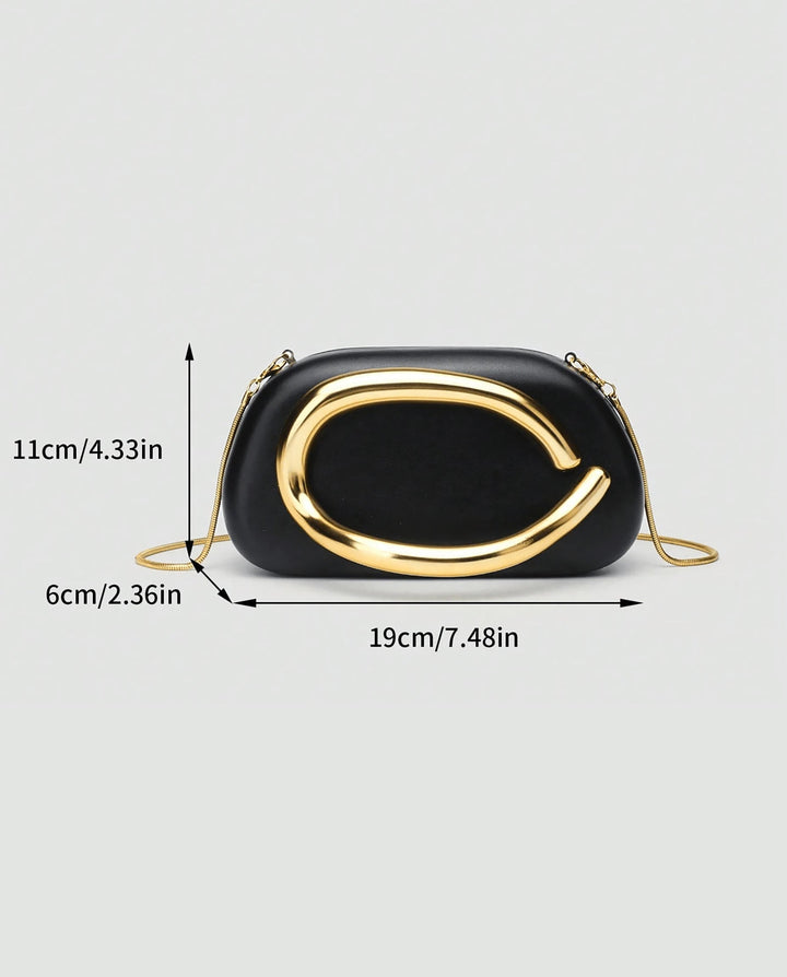 SOLACEBlack Faux Leather Curved Gold Metal Frame Snake Chain Crossbody Clutch Bag