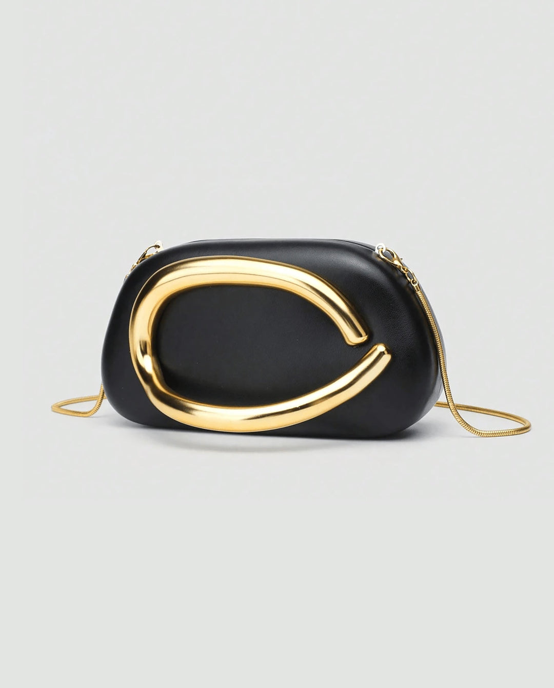 SOLACEBlack Faux Leather Curved Gold Metal Frame Snake Chain Crossbody Clutch Bag