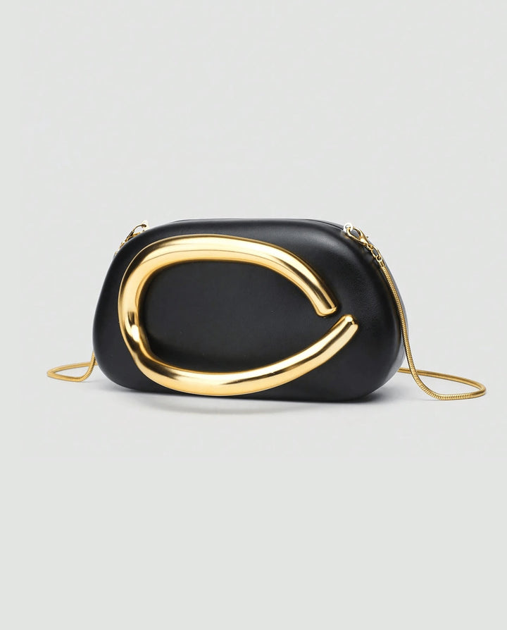 SOLACEBlack Faux Leather Curved Gold Metal Frame Snake Chain Crossbody Clutch Bag