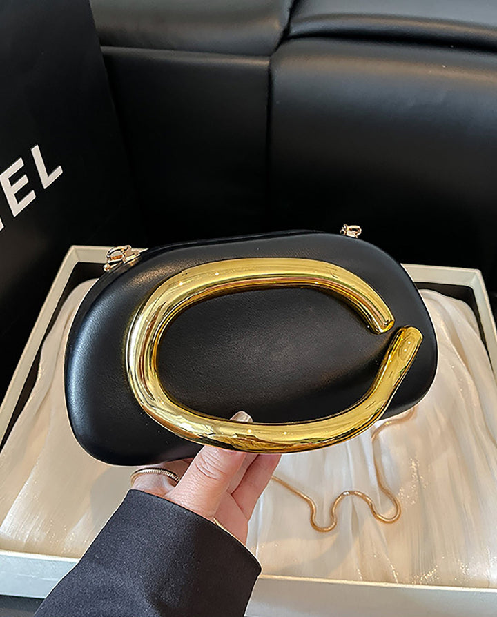 SOLACEBlack Faux Leather Curved Gold Metal Frame Snake Chain Crossbody Clutch Bag