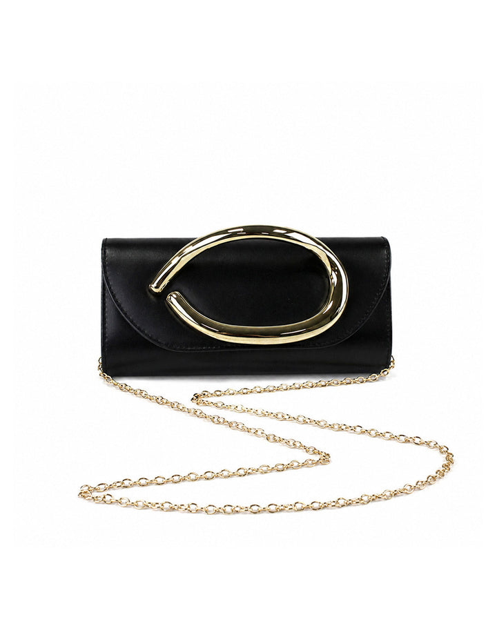 SOLACEBlack Faux Leather Large Oval Gold Metal Frame Chain Crossbody Clutch Bag