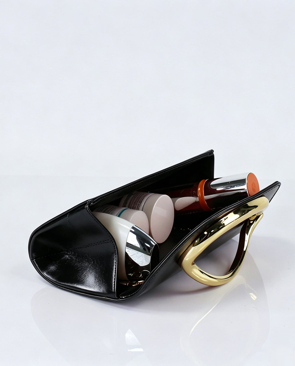SOLACEBlack Faux Leather Large Oval Gold Metal Frame Chain Crossbody Clutch Bag