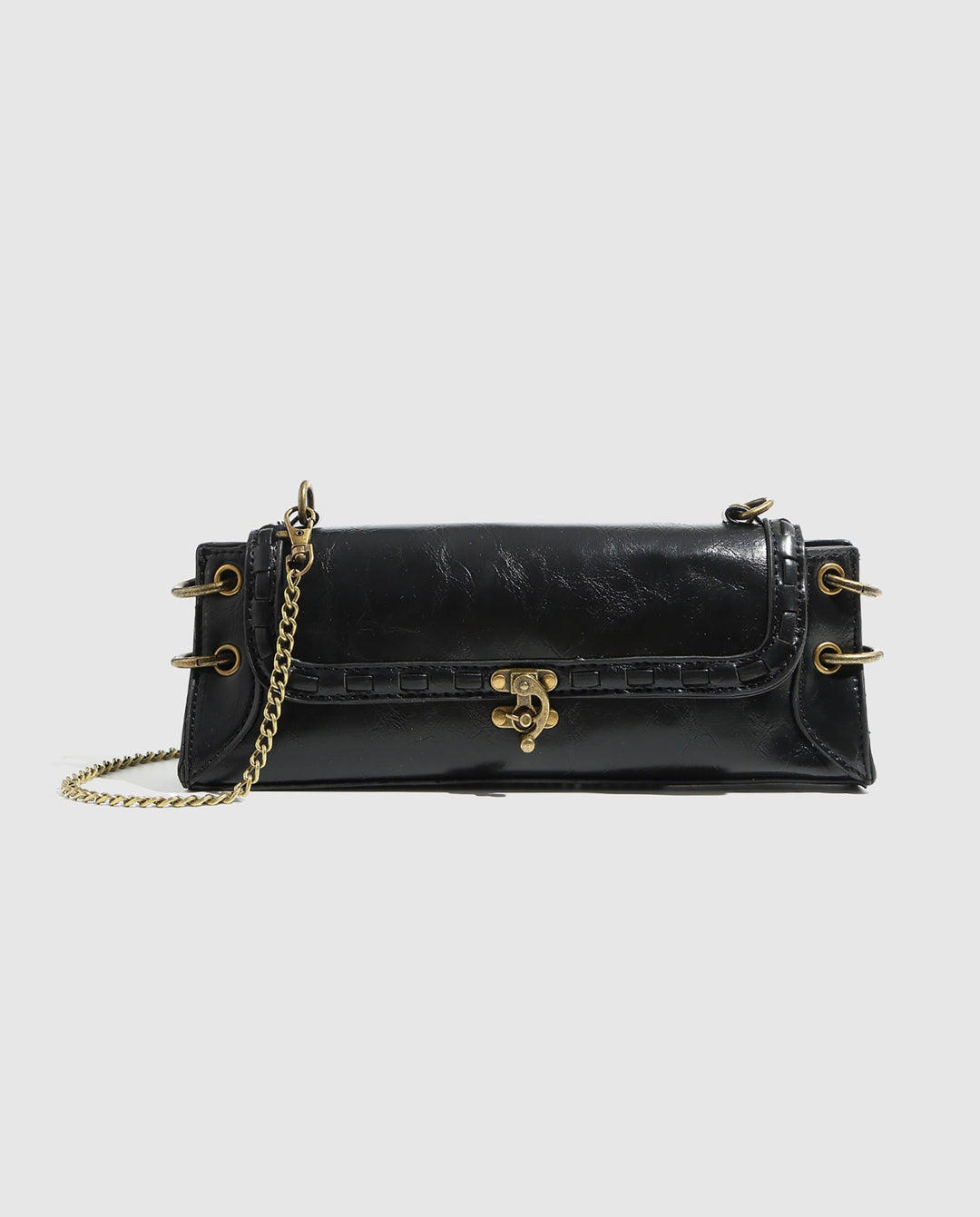 SOLACEBlack Faux Leather Rectangular Vintage Lock Chain Crossbody Bag