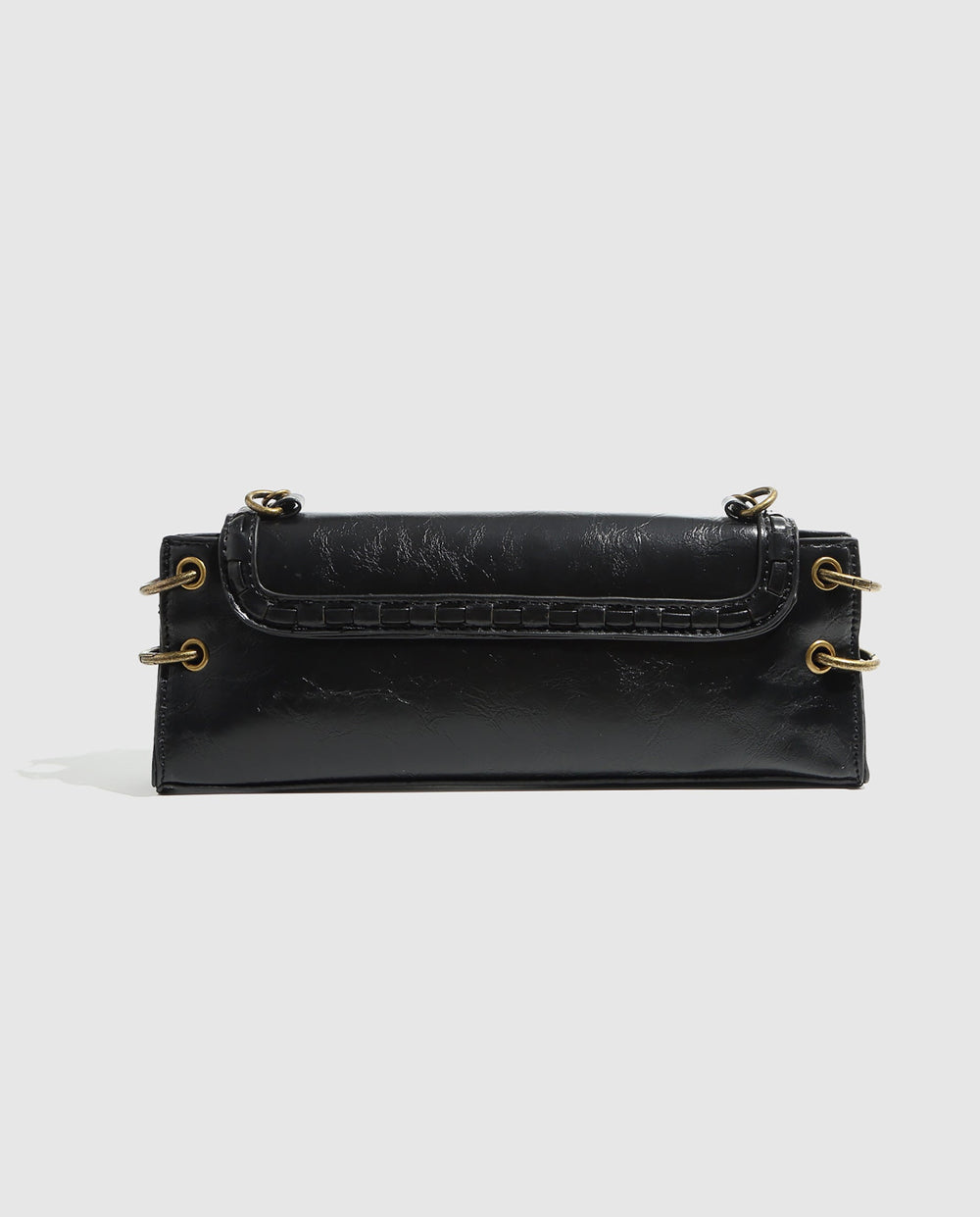 SOLACEBlack Faux Leather Rectangular Vintage Lock Chain Crossbody Bag