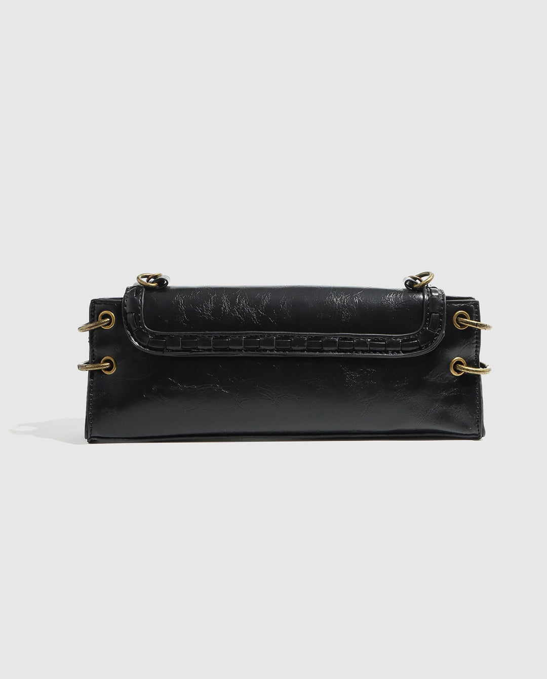SOLACEBlack Faux Leather Rectangular Vintage Lock Chain Crossbody Bag