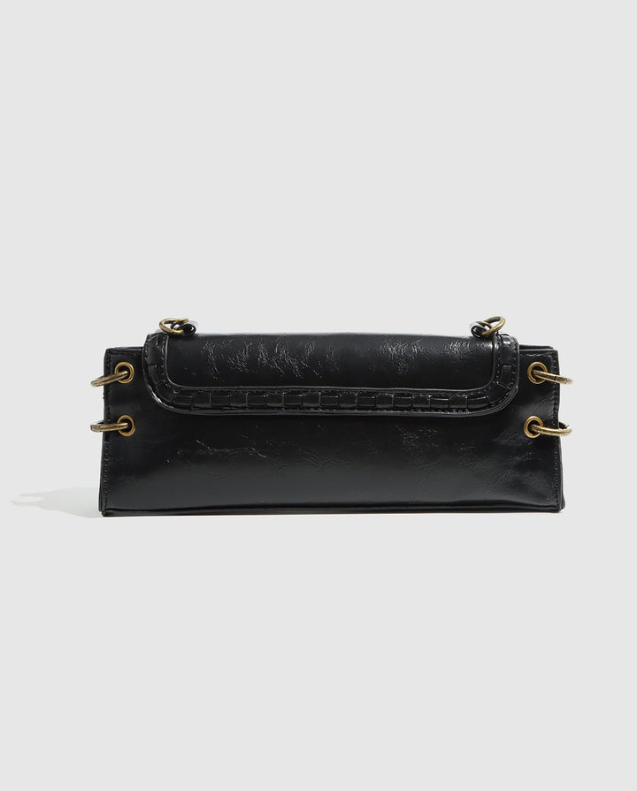 SOLACEBlack Faux Leather Rectangular Vintage Lock Chain Crossbody Bag