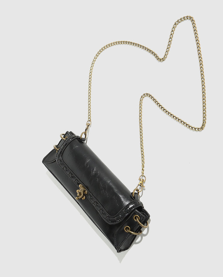 SOLACEBlack Faux Leather Rectangular Vintage Lock Chain Crossbody Bag