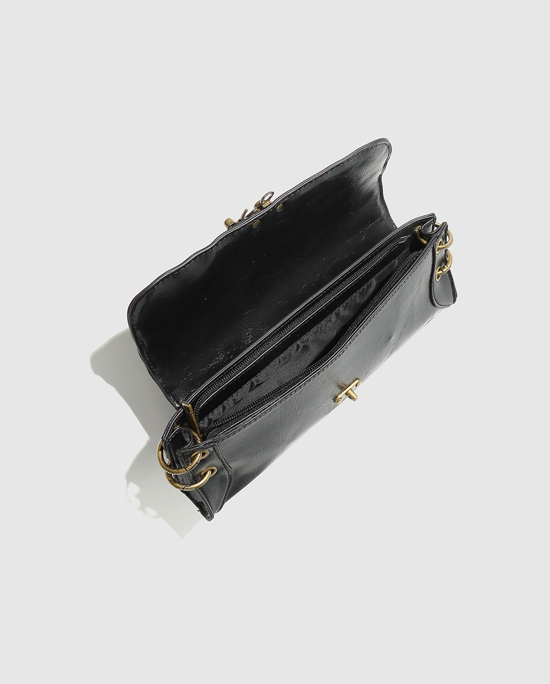 SOLACEBlack Faux Leather Rectangular Vintage Lock Chain Crossbody Bag