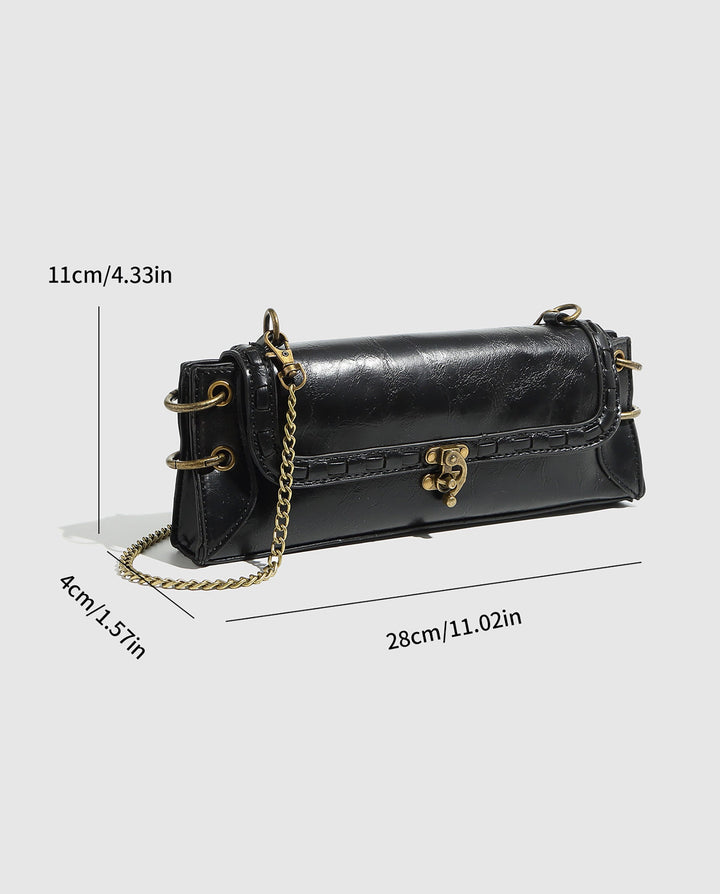 SOLACEBlack Faux Leather Rectangular Vintage Lock Chain Crossbody Bag