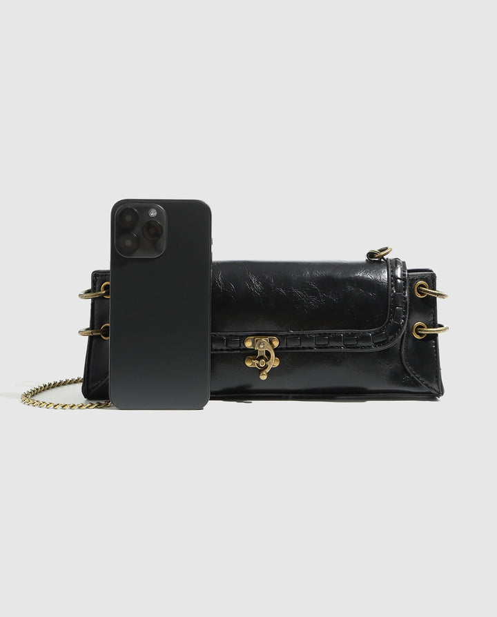 SOLACEBlack Faux Leather Rectangular Vintage Lock Chain Crossbody Bag