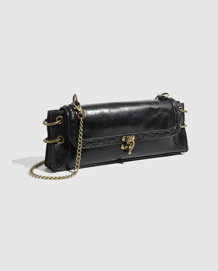 SOLACEBlack Faux Leather Rectangular Vintage Lock Chain Crossbody Bag