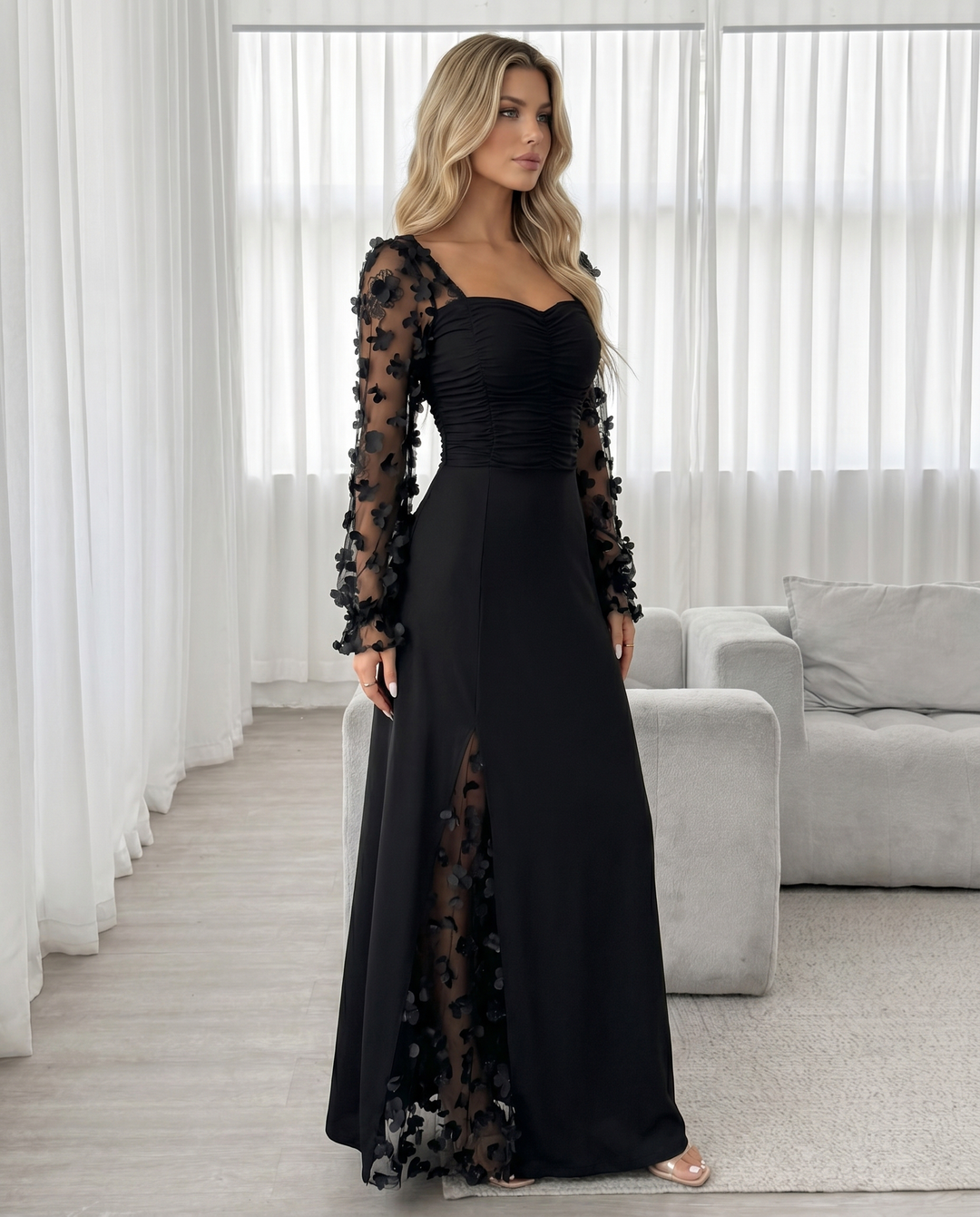 SOLACEBlack Floral Mesh Long Sleeve Sweetheart High Slit Maxi Dress