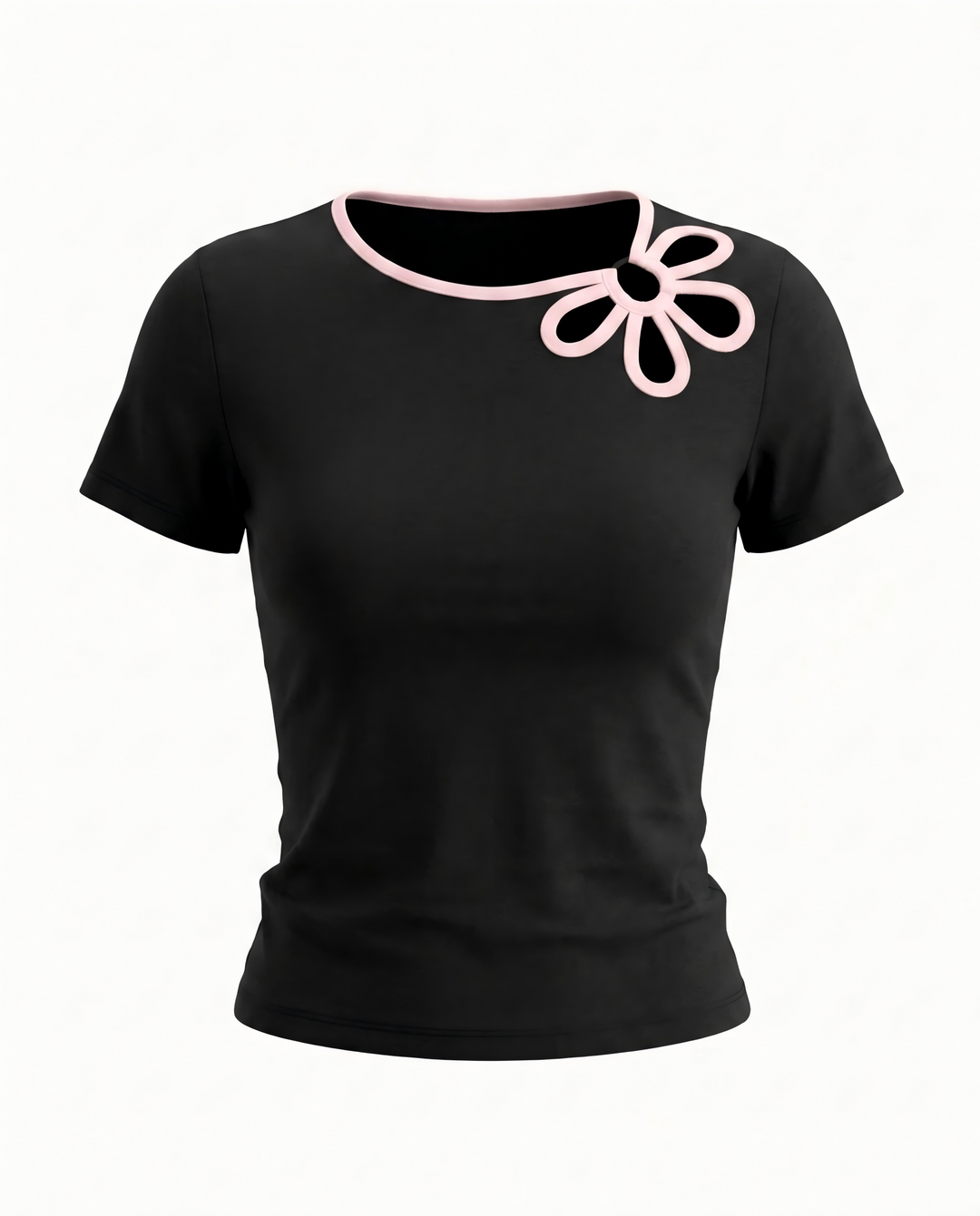 SOLACEBlack Flower Cutout Short Sleeve Cropped Top