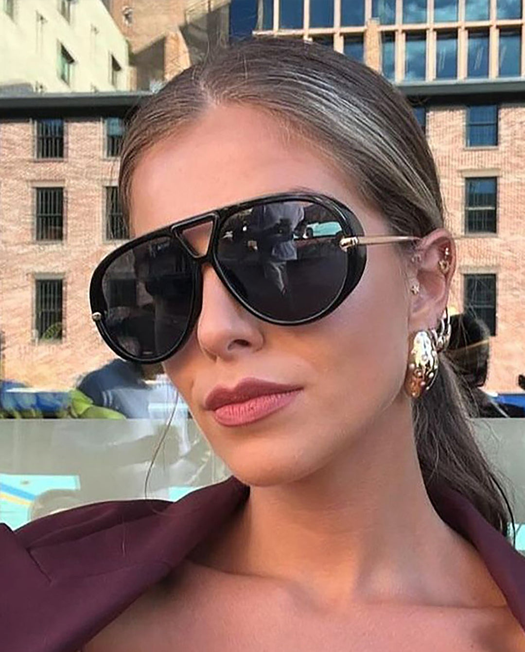 SOLACEBlack Front Frame Gold Metal Temple Double Bridge Pilot Sunglasses