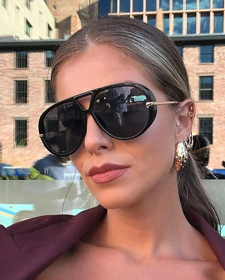 SOLACEBlack Front Frame Gold Metal Temple Double Bridge Pilot Sunglasses