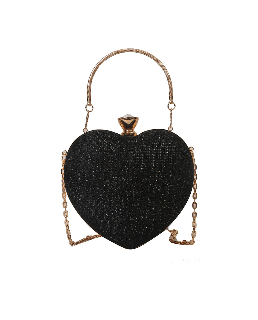SOLACEBlack Glitter Heart Shape Gold Handle Chain Crossbody Clutch Bag