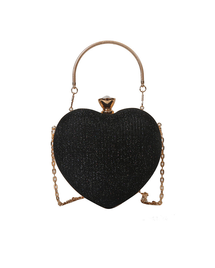 SOLACEBlack Glitter Heart Shape Gold Handle Chain Crossbody Clutch Bag