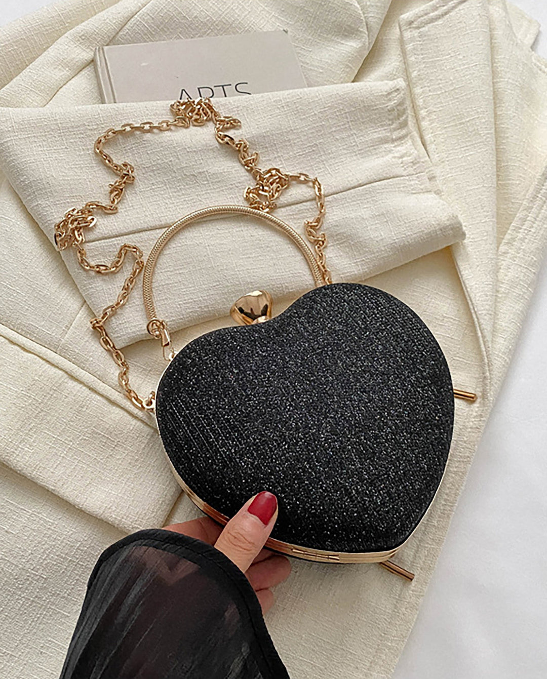 SOLACEBlack Glitter Heart Shape Gold Handle Chain Crossbody Clutch Bag