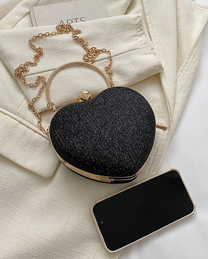 SOLACEBlack Glitter Heart Shape Gold Handle Chain Crossbody Clutch Bag