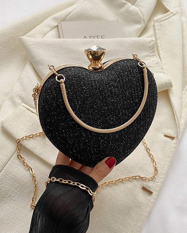 SOLACEBlack Glitter Heart Shape Gold Handle Chain Crossbody Clutch Bag