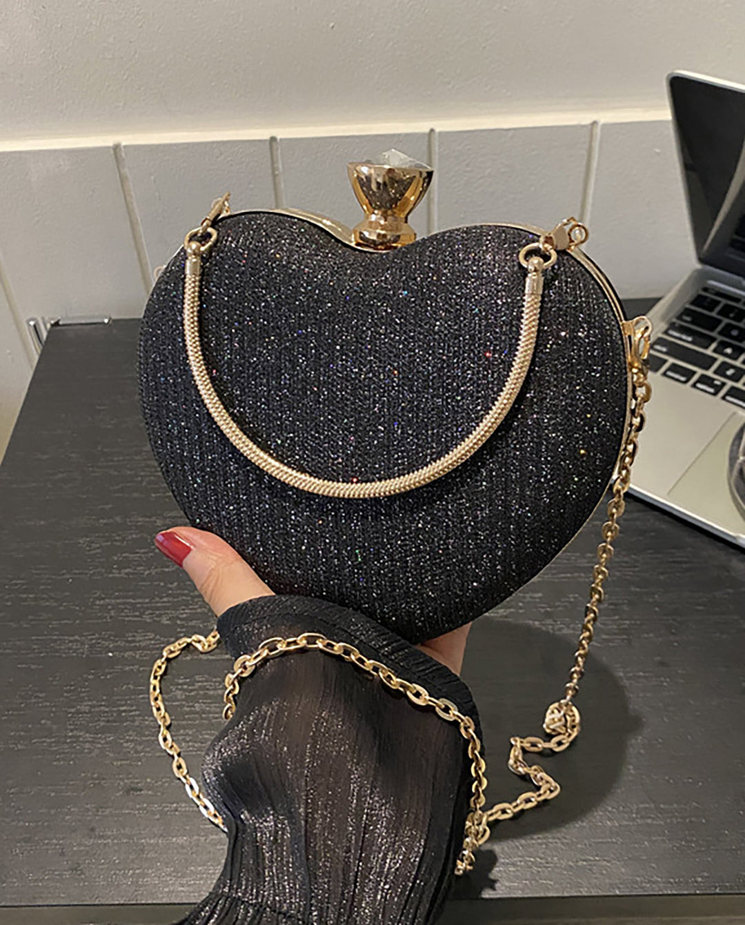 SOLACEBlack Glitter Heart Shape Gold Handle Chain Crossbody Clutch Bag