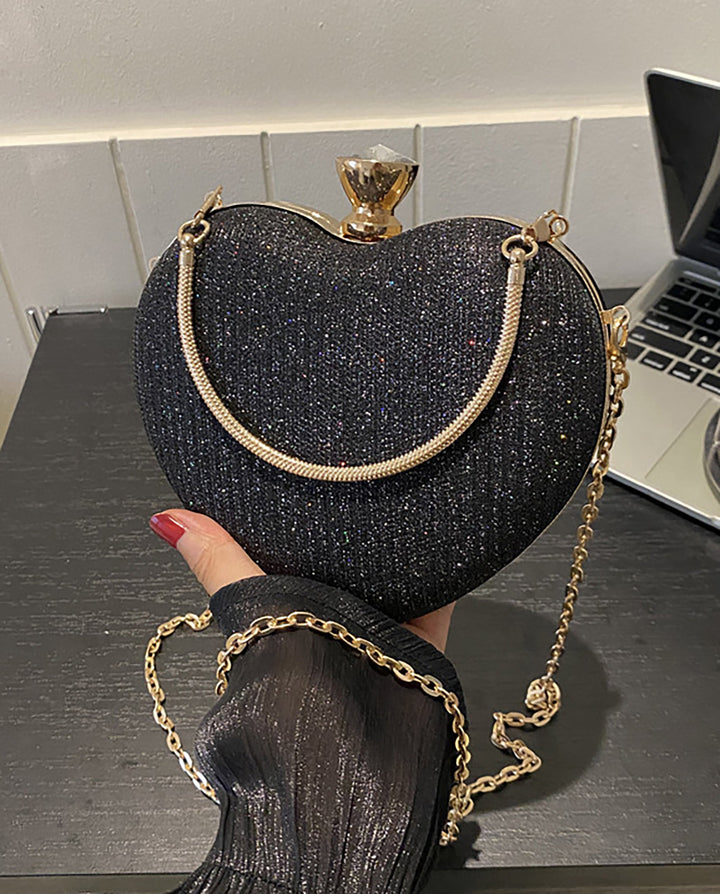 SOLACEBlack Glitter Heart Shape Gold Handle Chain Crossbody Clutch Bag