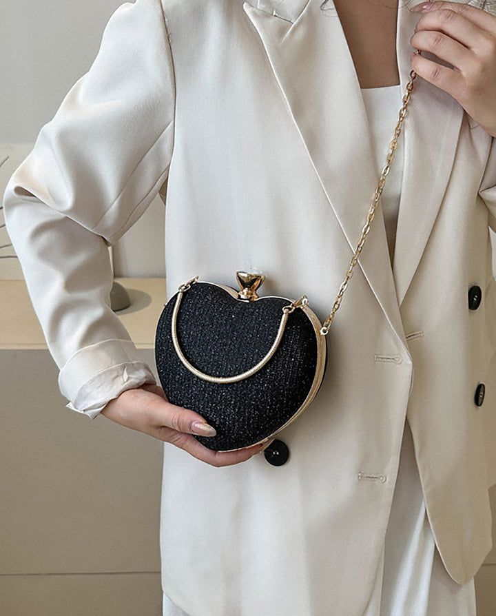 SOLACEBlack Glitter Heart Shape Gold Handle Chain Crossbody Clutch Bag