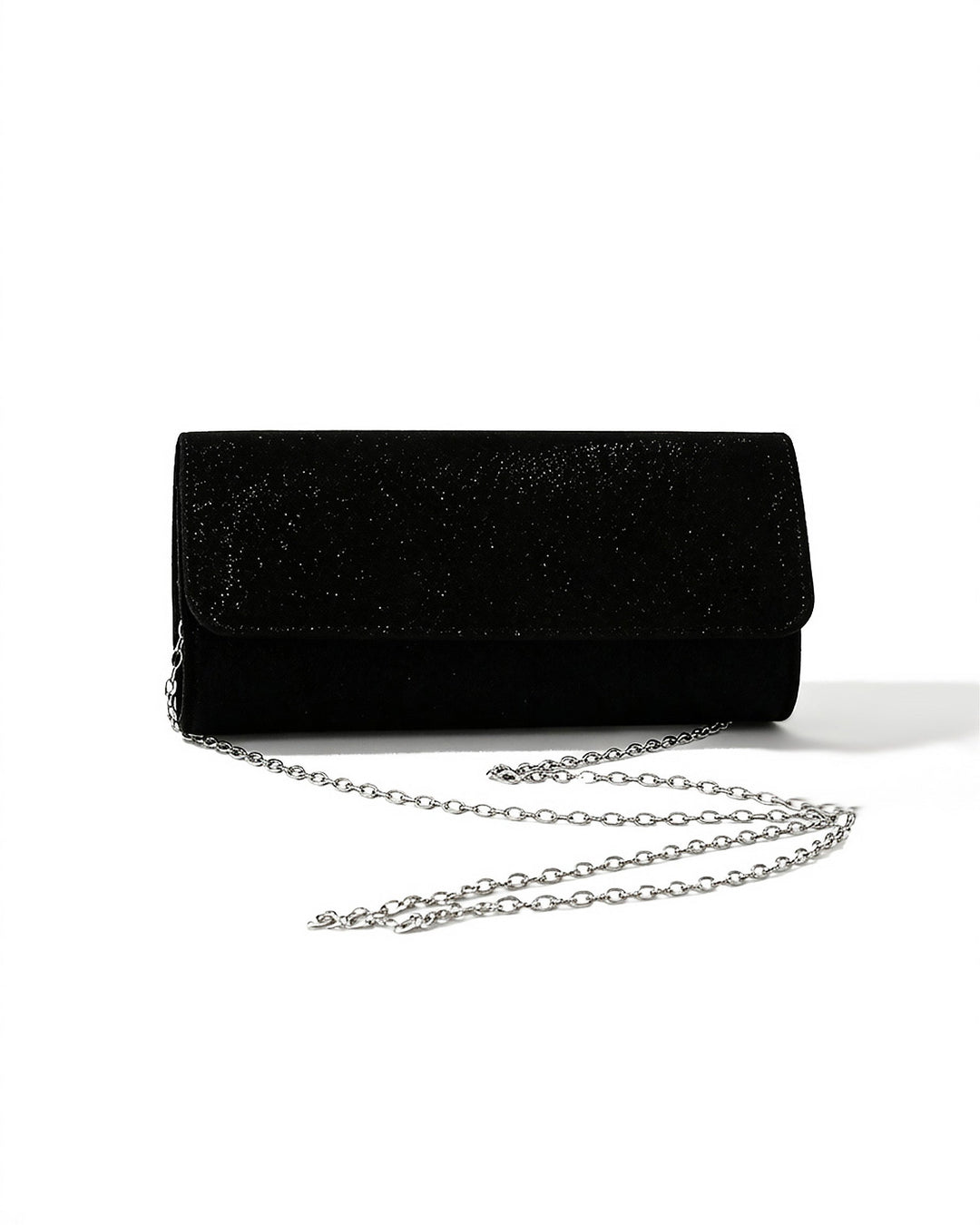 SOLACEBlack Glitter Suede Rectangular Silver Chain Crossbody Clutch Bag