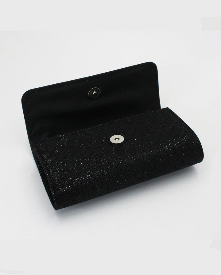 SOLACEBlack Glitter Suede Rectangular Silver Chain Crossbody Clutch Bag