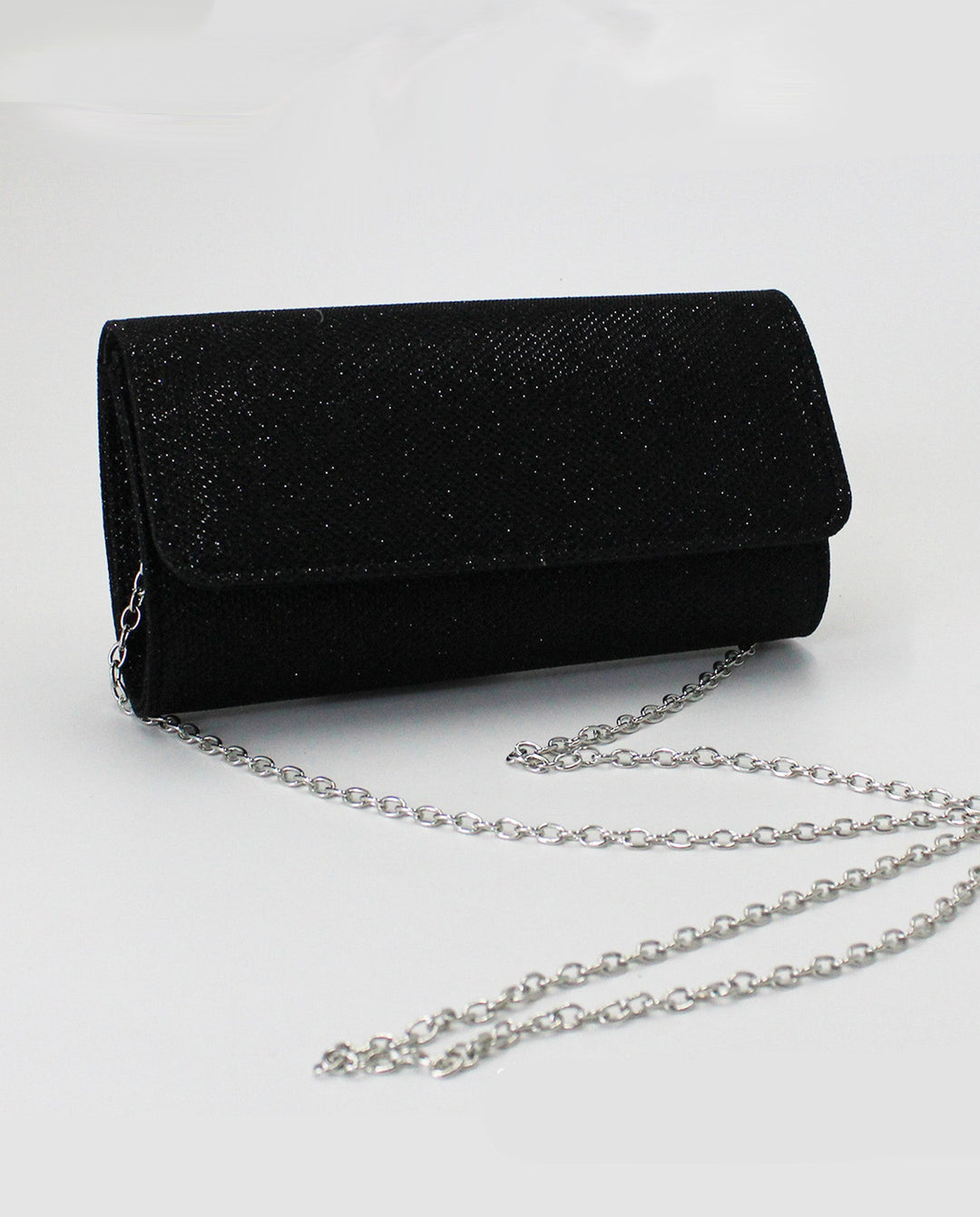SOLACEBlack Glitter Suede Rectangular Silver Chain Crossbody Clutch Bag