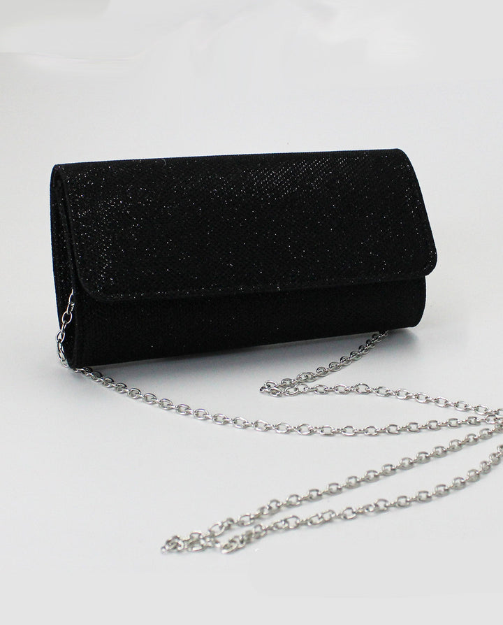 SOLACEBlack Glitter Suede Rectangular Silver Chain Crossbody Clutch Bag