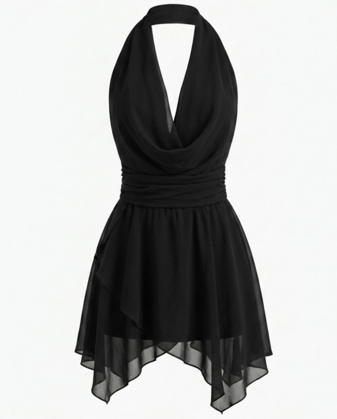 SOLACEBlack Halter Draped Cowl Neck Asymmetrical Ruffle Backless Mini Dress