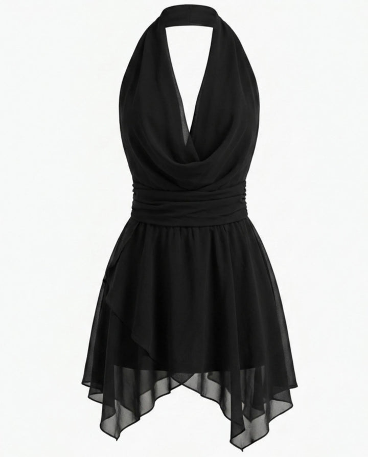SOLACEBlack Halter Draped Cowl Neck Asymmetrical Ruffle Backless Mini Dress