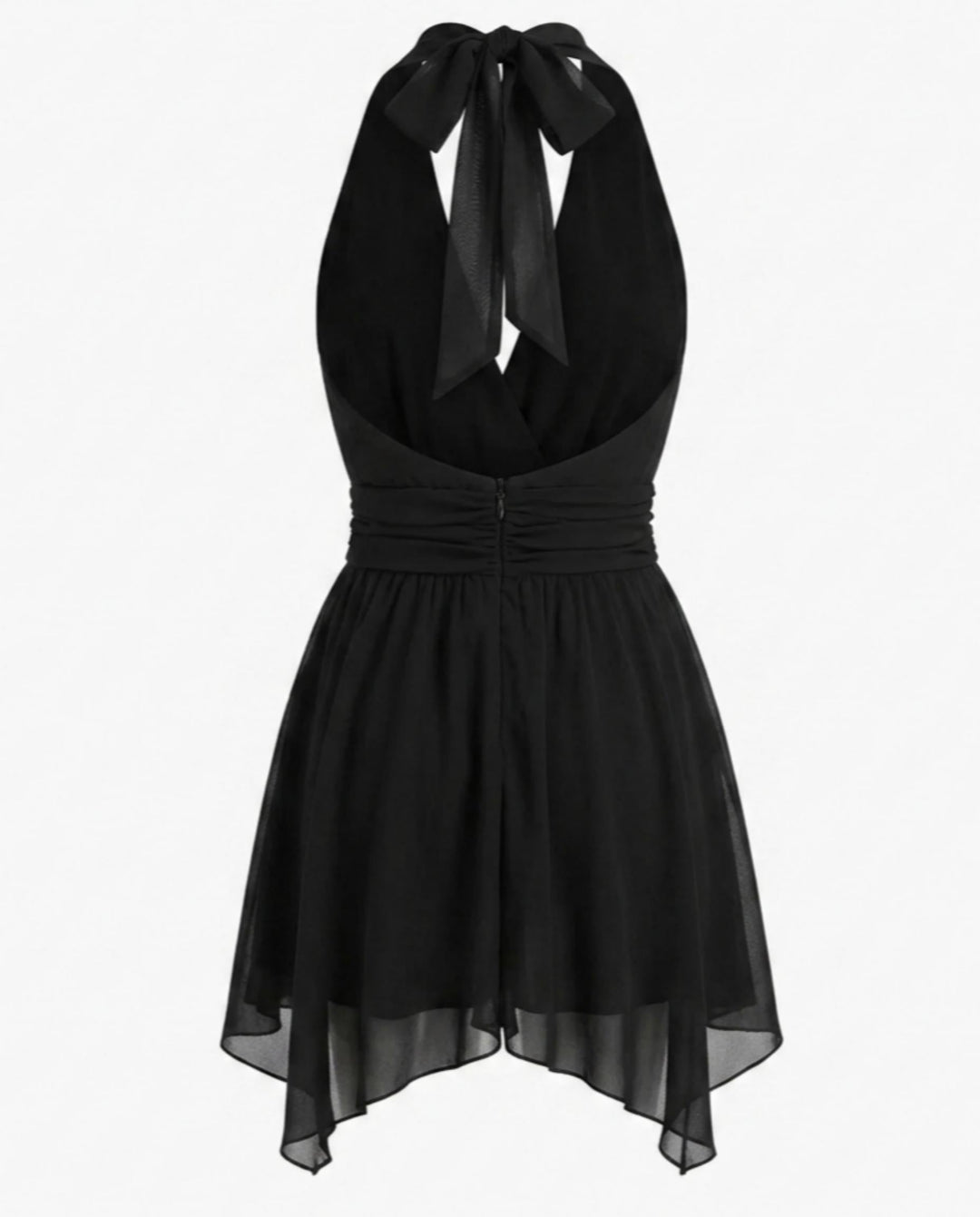 SOLACEBlack Halter Draped Cowl Neck Asymmetrical Ruffle Backless Mini Dress