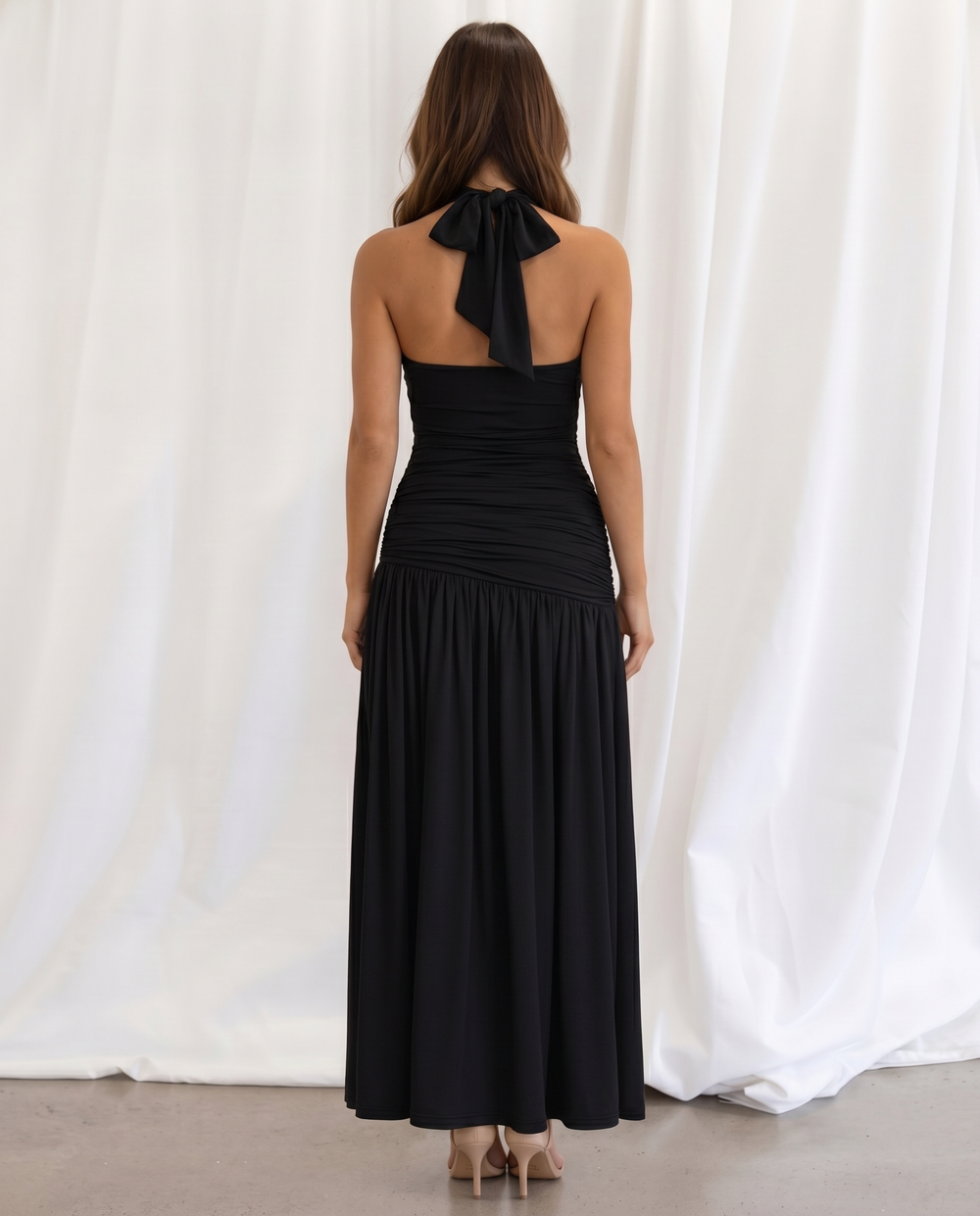 SOLACEBlack Halter Gold Butterfly Ruched High Slit Maxi Dress