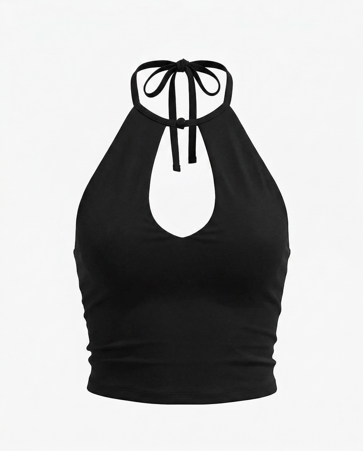 SOLACEBlack Halter Neck Keyhole Cutout Crop Top