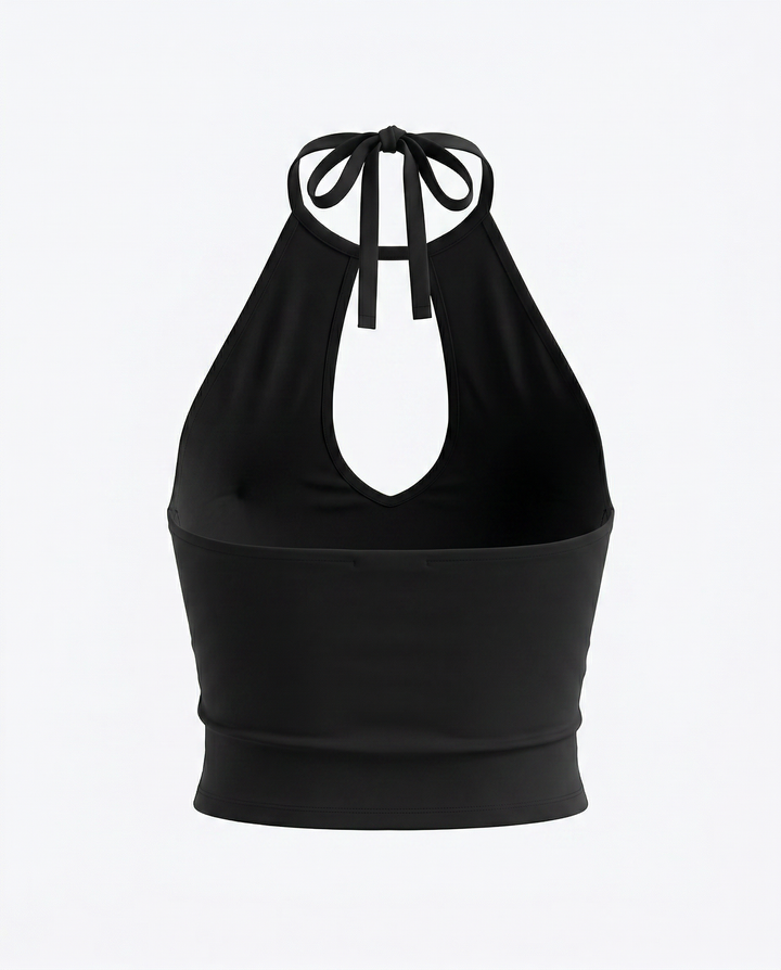 SOLACEBlack Halter Neck Keyhole Cutout Crop Top