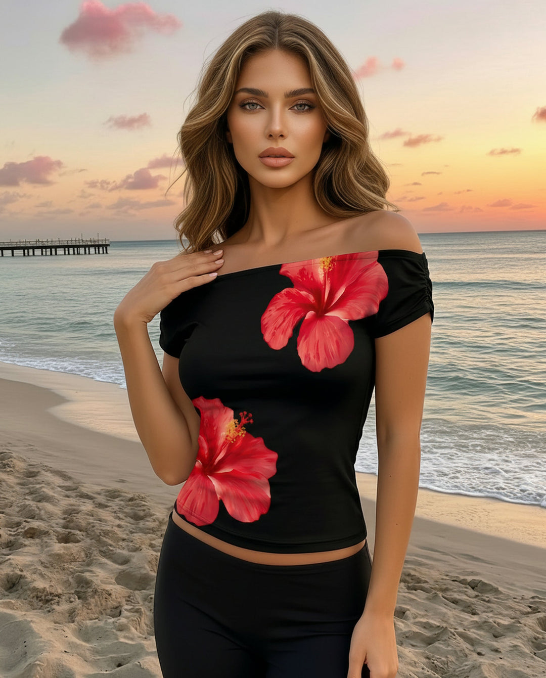 SOLACEBlack Hibiscus Print Off-Shoulder Short Sleeve T-Shirt