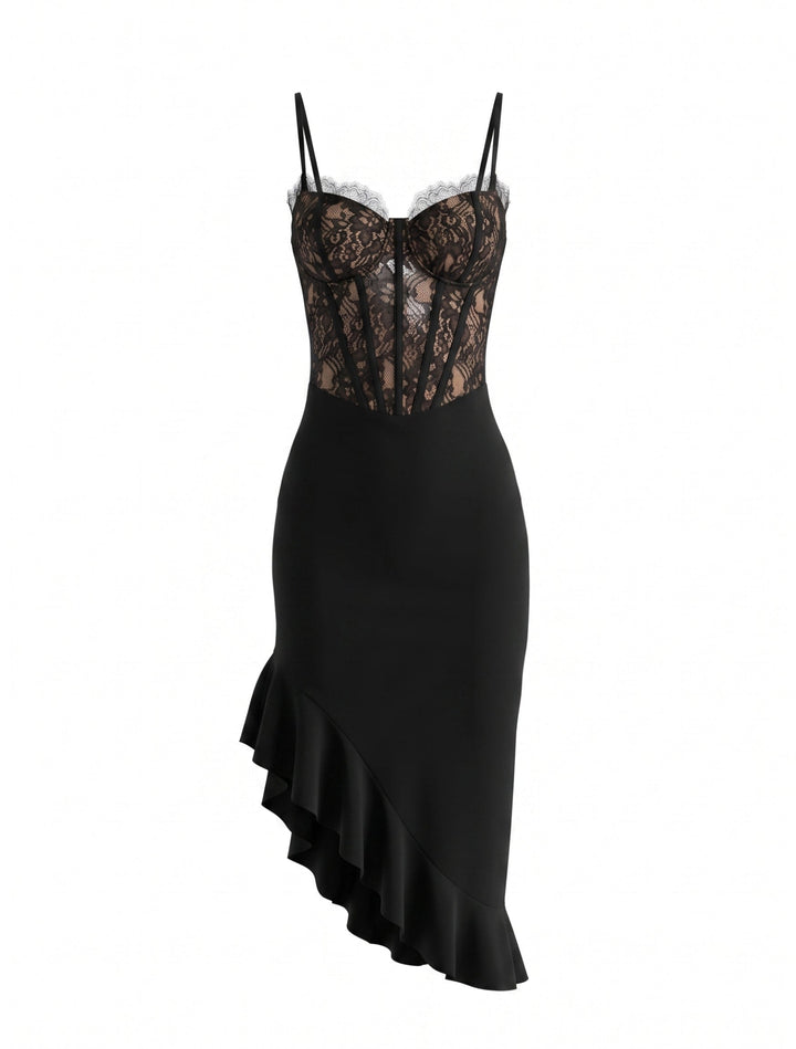 SOLACEBlack Lace Corset Asymmetrical Ruffle Hem Midi Dress