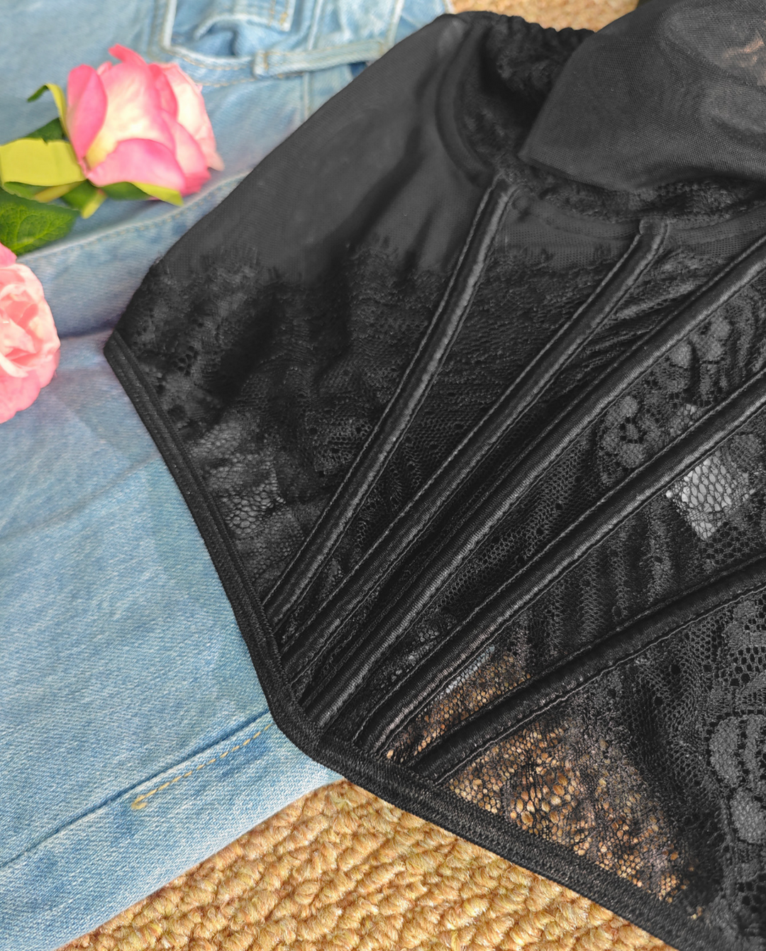 SOLACEBlack Lace Ruffle Strap Sheer Mesh Corset Crop Top