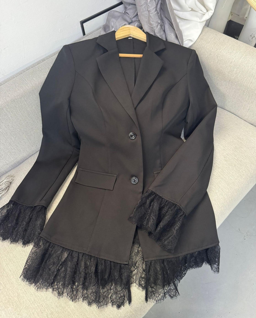 SOLACEBlack Lapel Collar Two Button Slim Fitted Waist Blazer Jacket