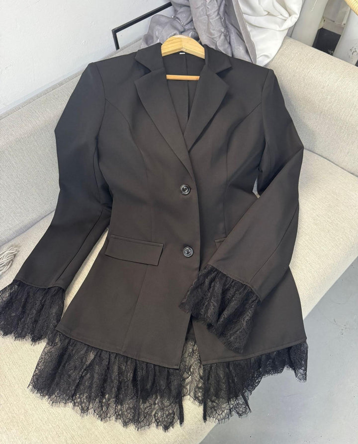 SOLACEBlack Lapel Collar Two Button Slim Fitted Waist Blazer Jacket