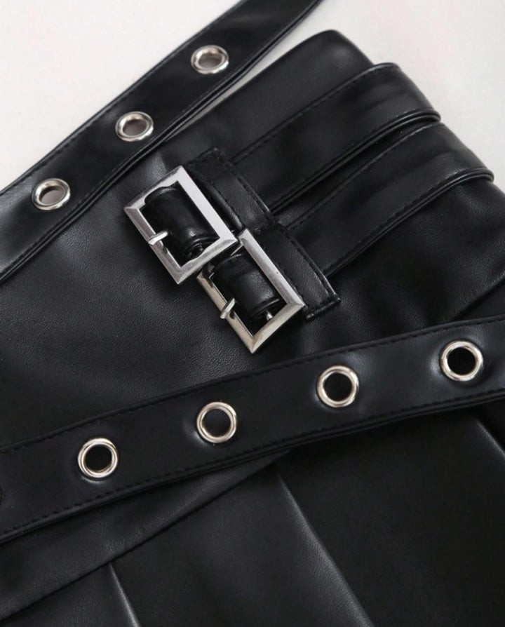 SOLACEBlack PU Faux Leather Double Buckle Belted Pleated Mini Skirt