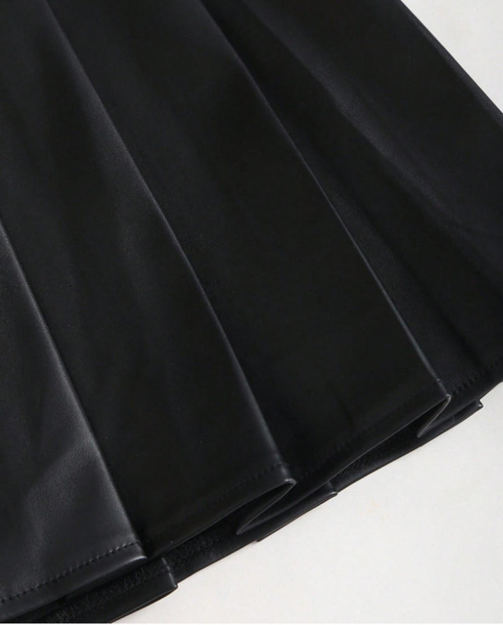 SOLACEBlack PU Faux Leather Double Buckle Belted Pleated Mini Skirt