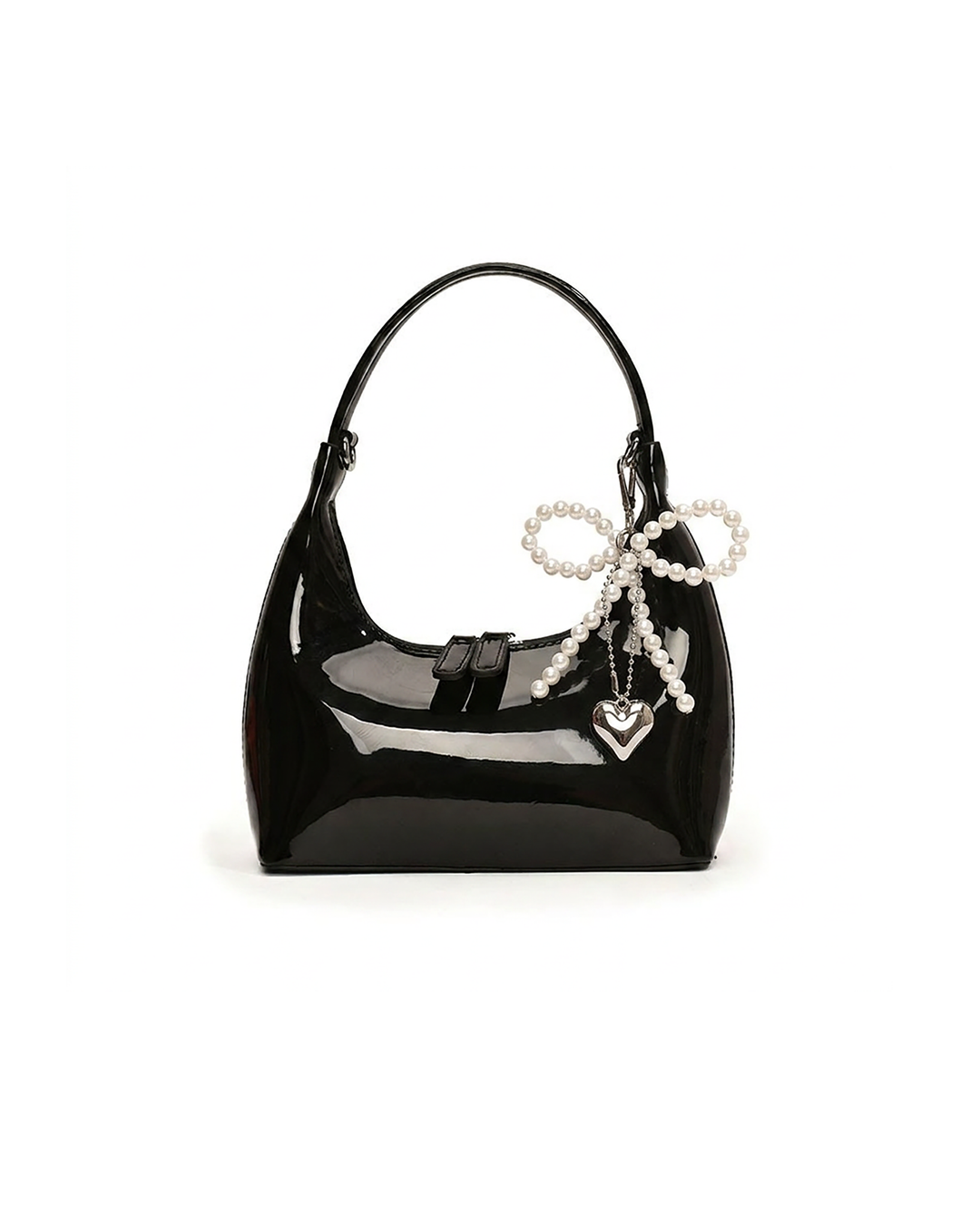 SOLACEBlack Patent Faux Leather Pearl Bow Heart Charm Mini Hobo Underarm Shoulder Bag